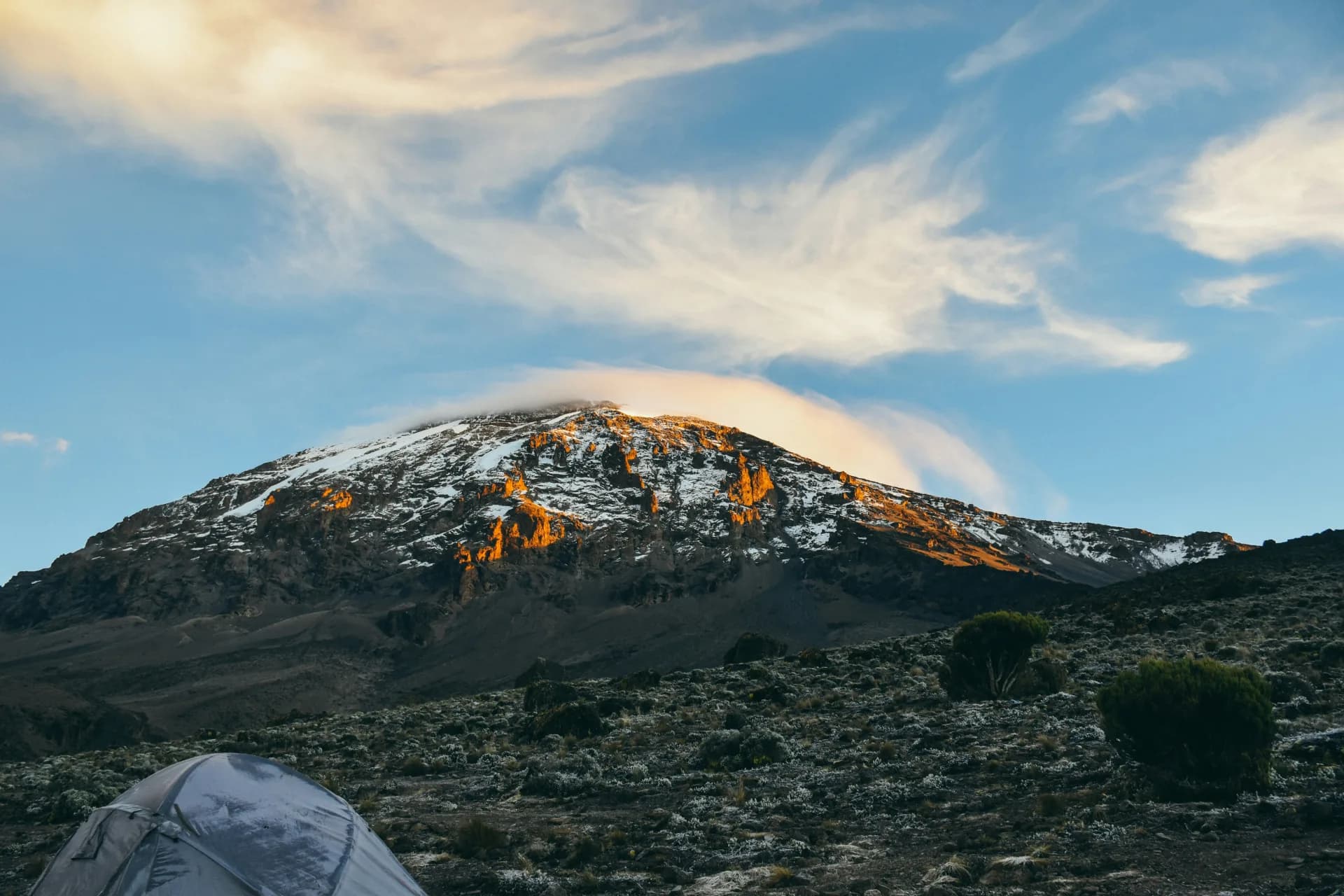 Mount Kilimanjaro's snow-capped cone at sunset, seen from the moorland below