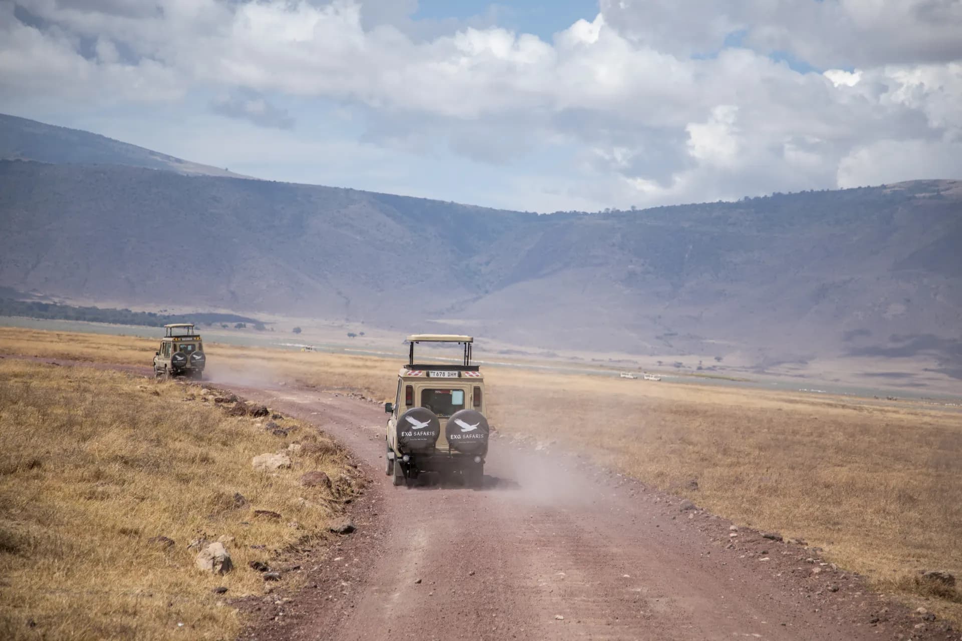 EXG Safaris vehicle convoy on a Ngorongoro Crater track